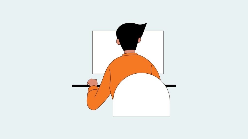 Illustration of a person wearing an orange shirt, sitting at a desk with hands on the table, facing a computer screen, representing a professional waiting for a virtual meeting.