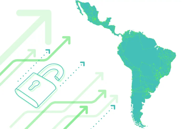 A illustration on a map of Latin America with network lines symbolizing lead generation growth.