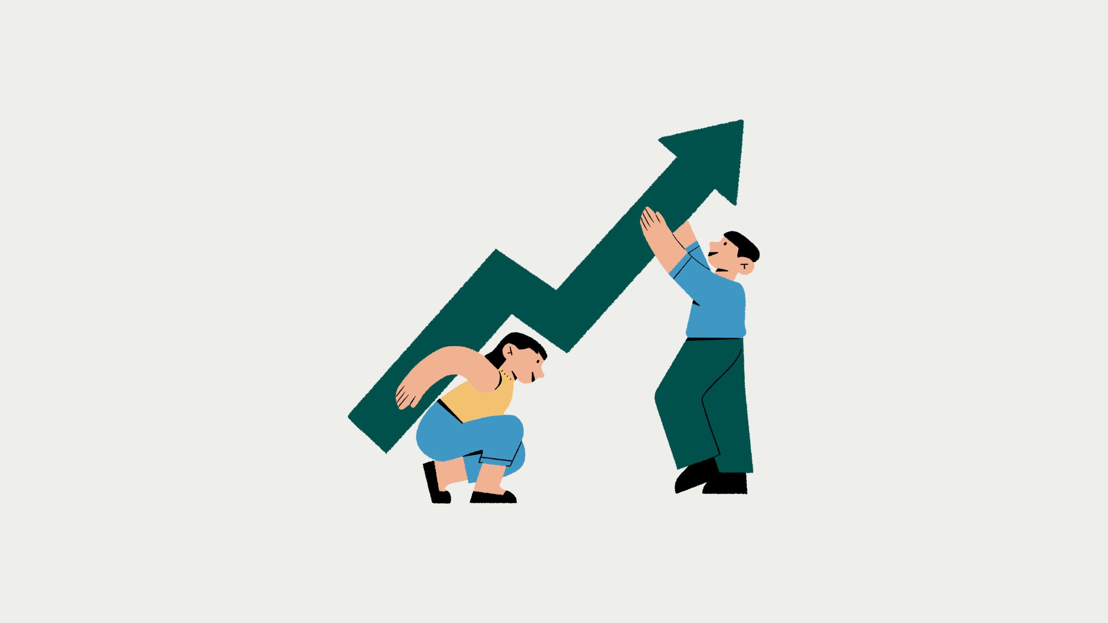 Illustration of two people, one helping the other by lifting a large upward-pointing arrow, symbolizing support and growth in sales.