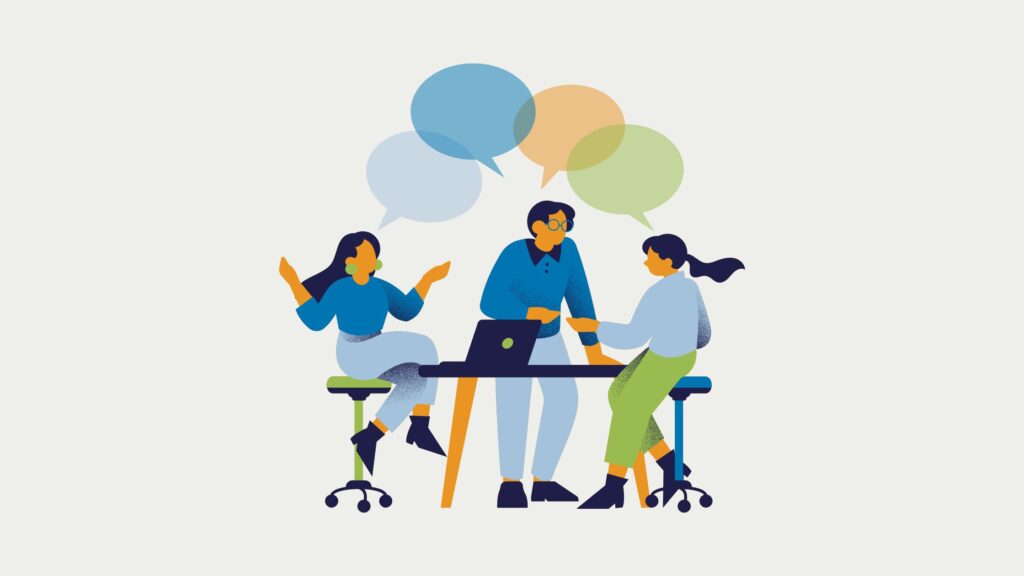A diverse group of three people engaging in a collaborative sales meeting, exchanging ideas and discussing strategies, with speech bubbles indicating an active conversation. Perfect for understanding the psychology behind successful sales meetings, especially in LATAM.