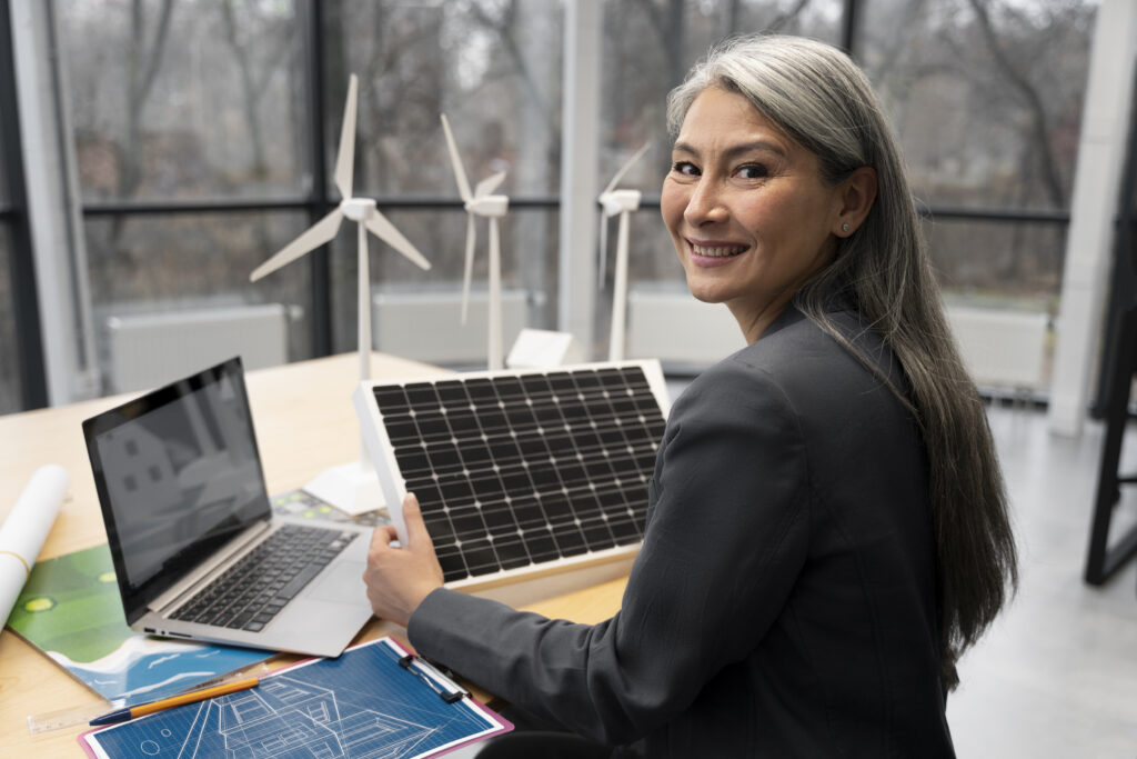 A business woman checks on the Solar energy in Latin America