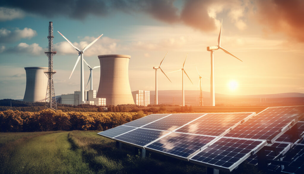 Sunset sky powers wind and solar energ