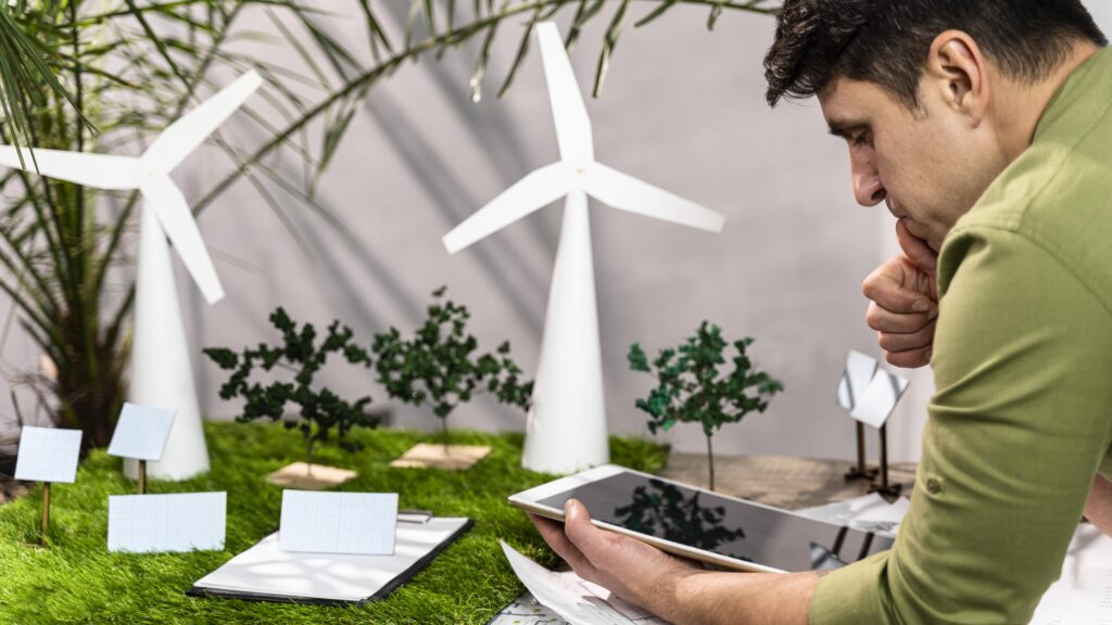 A worker checks the renewable energy regulations